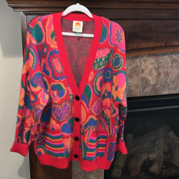 Farm Rio Lisa red cardigan sweater hearts fruit colorful bright oversized L - Picture 15 of 15